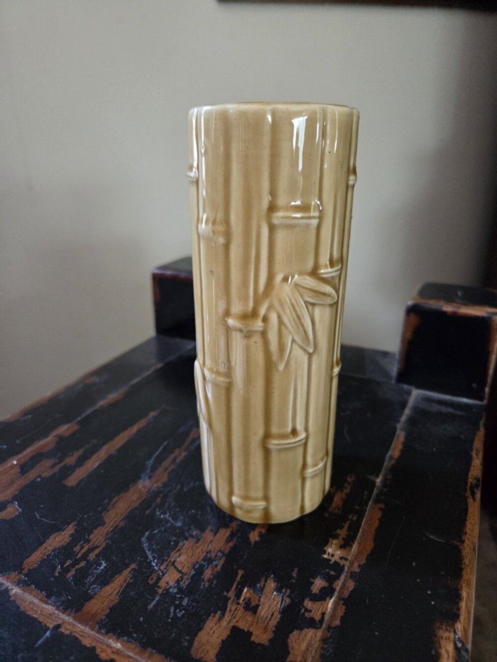Vintage Orchids of Hawaii Ceramic Bamboo Tiki Mug Vase Tan R-6 6.5" Tall